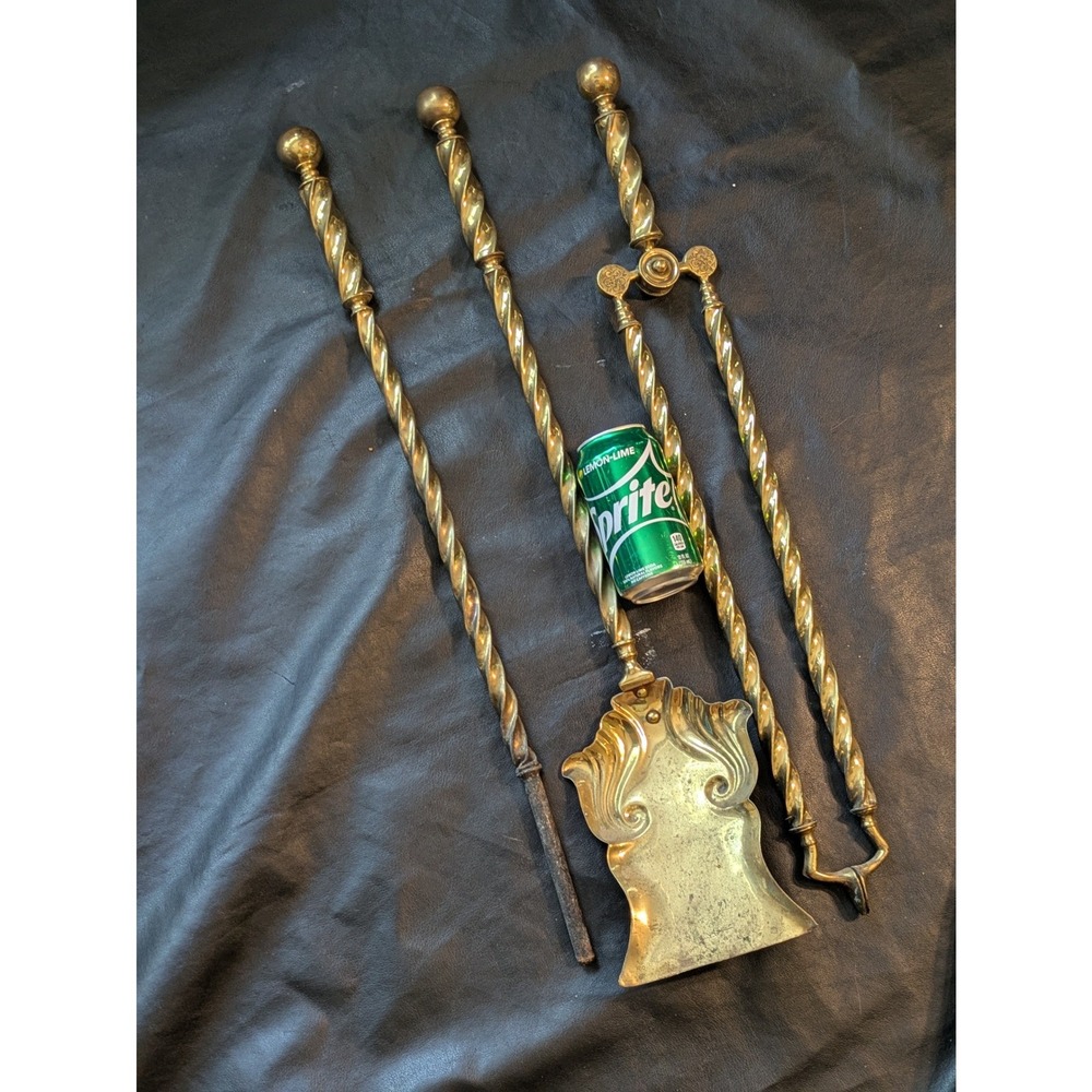 Vintage Brass Fireplace Tool Set Barley Twist Shovel Tongs Poker 3 Piece Hearth